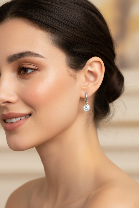 Silver Hoop Drop Moissanite Earrings - Model Shot