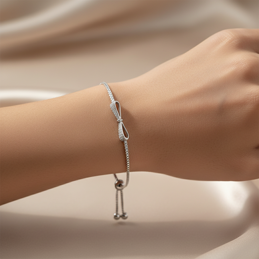 Woman's hand wearing sterling silver slider bracelet