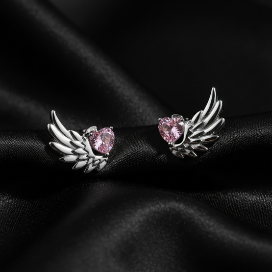 Silver Angel Wing Pink Heart Earrings - Black Satin