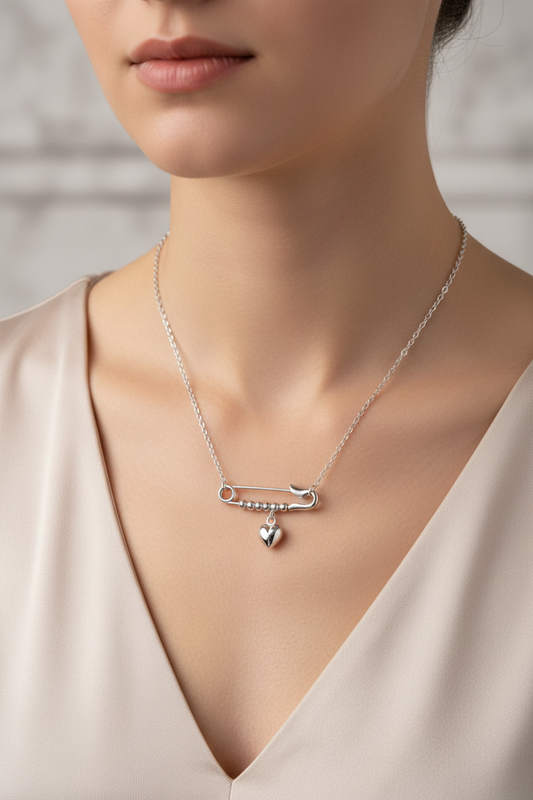 Woman wearing Safety Pin Heart Necklace