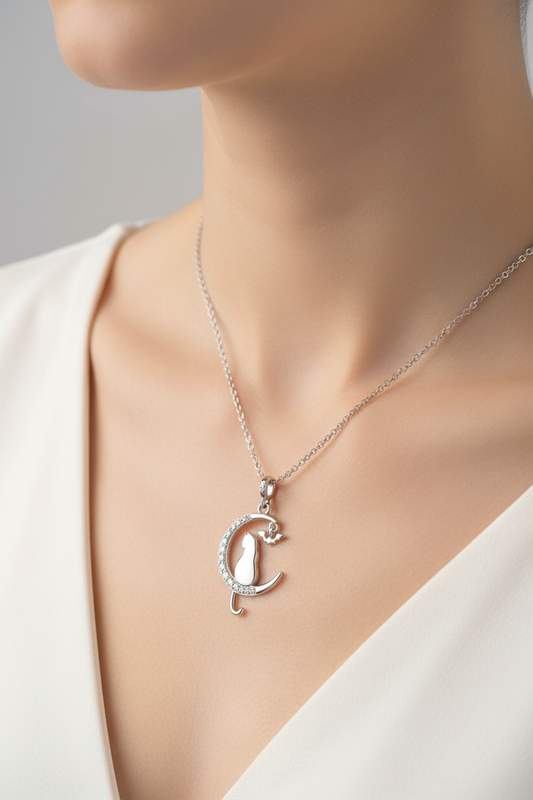 Woman wearing 925 Sterling Silver Cat & Moon Necklace