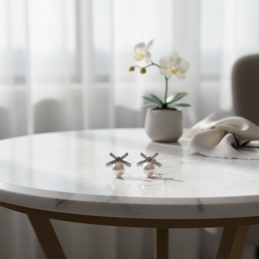 Bow Earrings on Marble Table