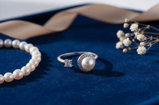 Pearl and CZ Ring on Velvet Surface