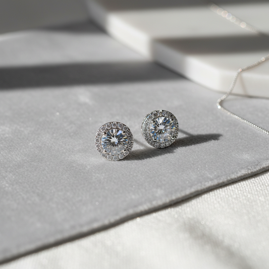 925 Sterling Silver Round Crystal Stud Earrings - Flat Lay
