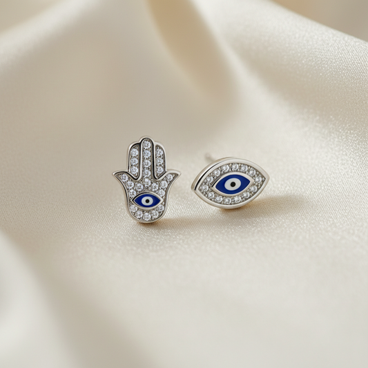925 Sterling Silver Hamsa & Evil Eye Stud Earrings - Flat Lay
