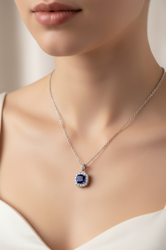 Woman wearing Blue Sapphire Necklace
