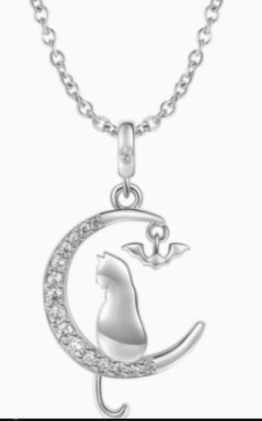 925 Sterling Silver Cat & Moon Necklace with Diamond Accents