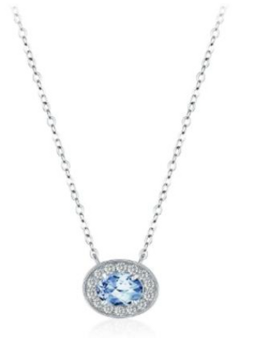 925 Sterling Silver Blue Opal Oval Necklace with Cubic Zirconia Halo