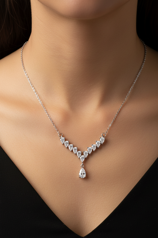 Close-up of 925 Sterling Silver Teardrop Diamond Necklace worn