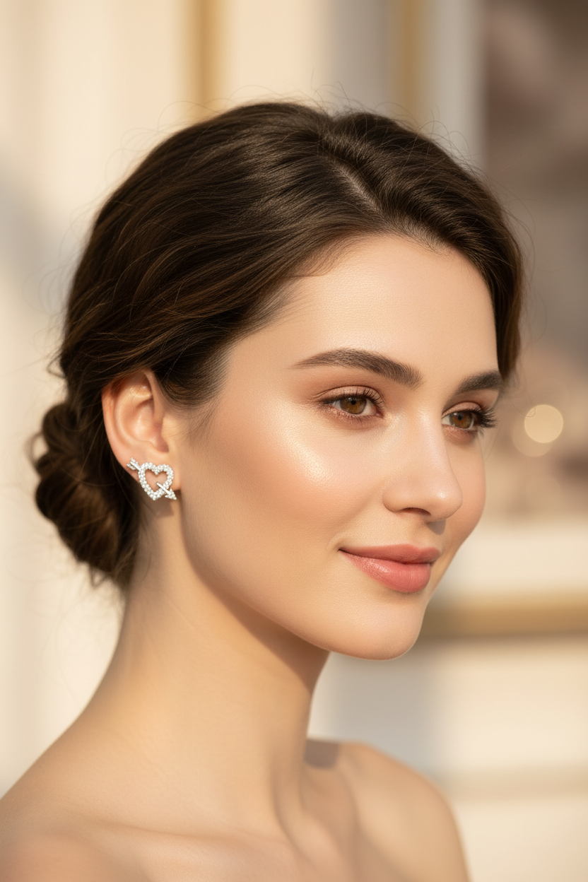 Heart & Arrow CZ Stud Earrings - Model Shot