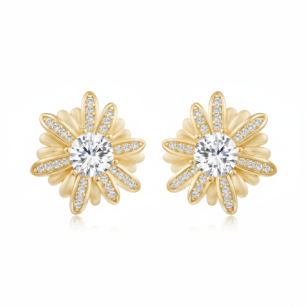 Gold Starburst Diamond Stud Earrings - White Background