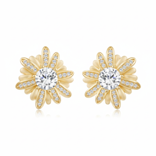 Gold Starburst Diamond Stud Earrings - White Background