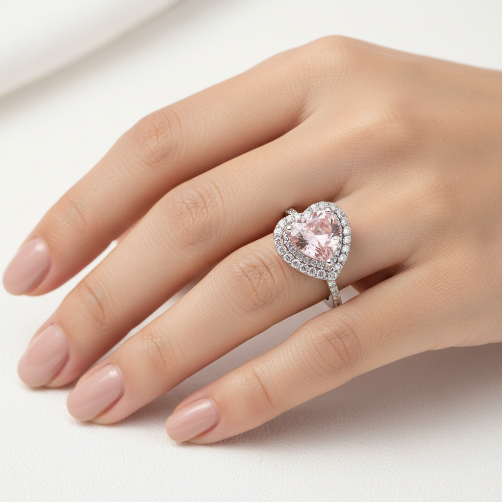 Sterling Silver Pink Heart Halo Ring worn on hand