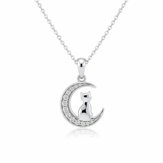 925 Sterling Silver Cat & Moon Necklace with Diamond Accents