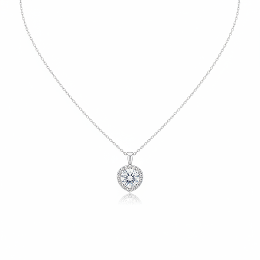 925 Sterling Silver Round Moissanite Halo Necklace