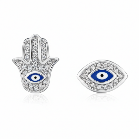 925 Sterling Silver Hamsa & Evil Eye Stud Earrings - Detail Shot