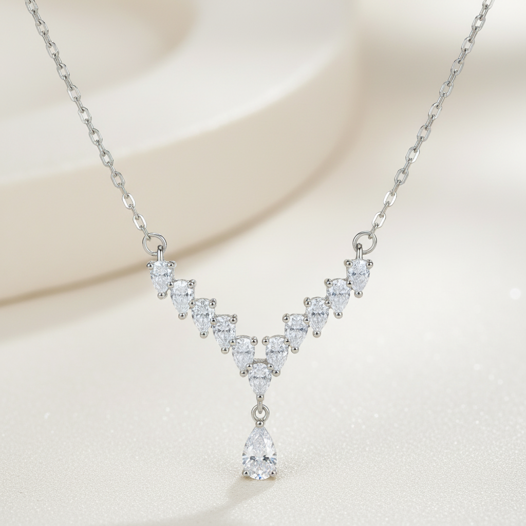 925 Sterling Silver Teardrop Diamond Necklace product photography