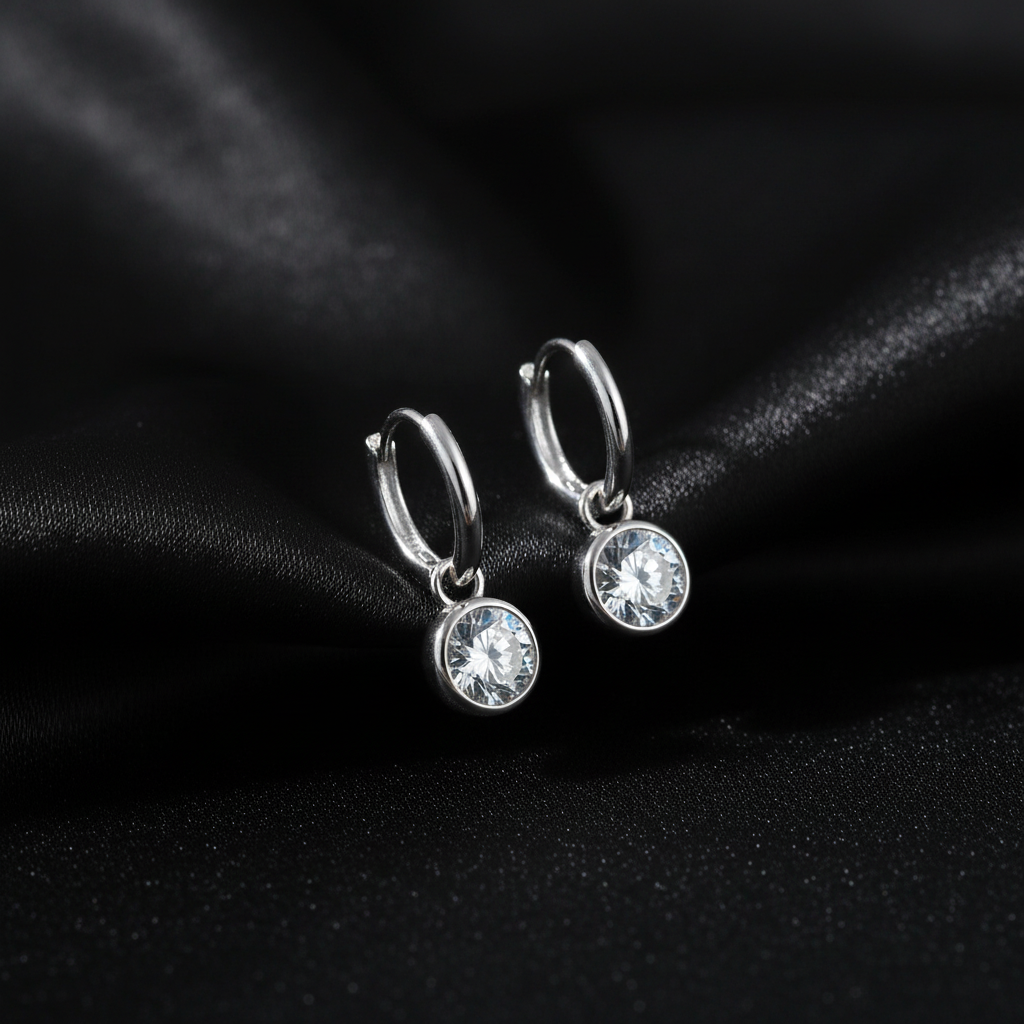 Silver Hoop Drop Moissanite Earrings - Black Satin