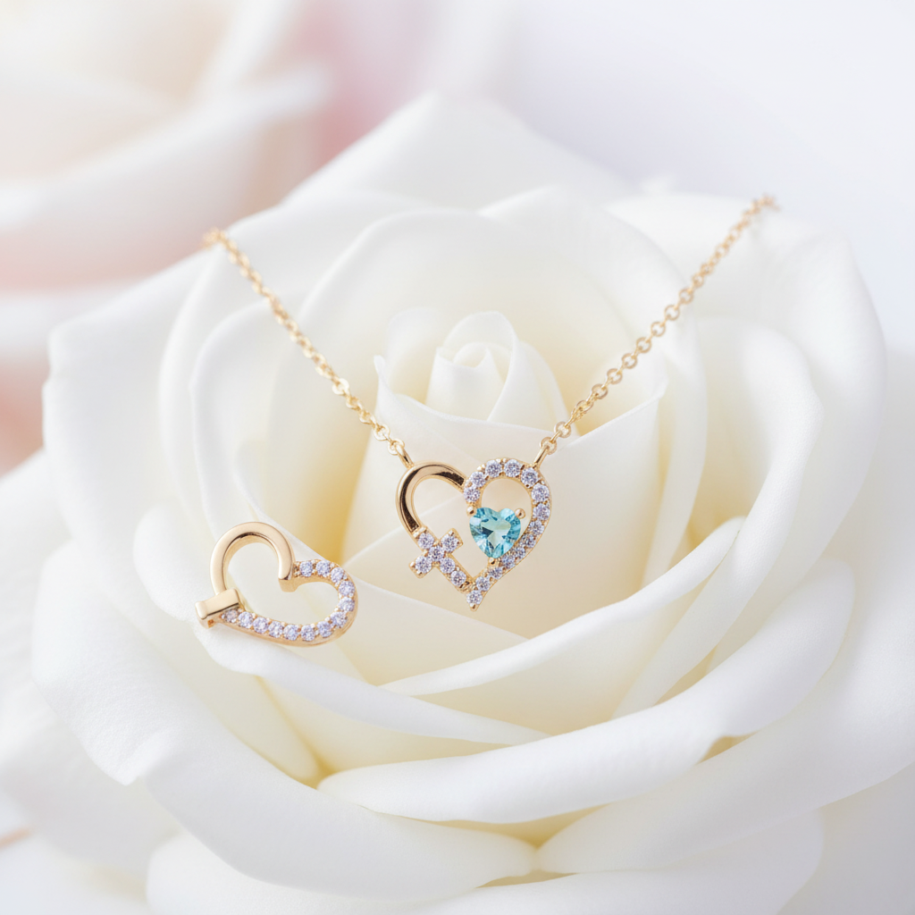 Gold heart aqua CZ necklace draped over a white rose