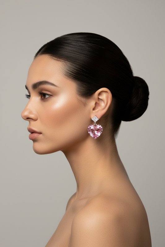 Woman Wearing Pink Heart Earrings - Editorial