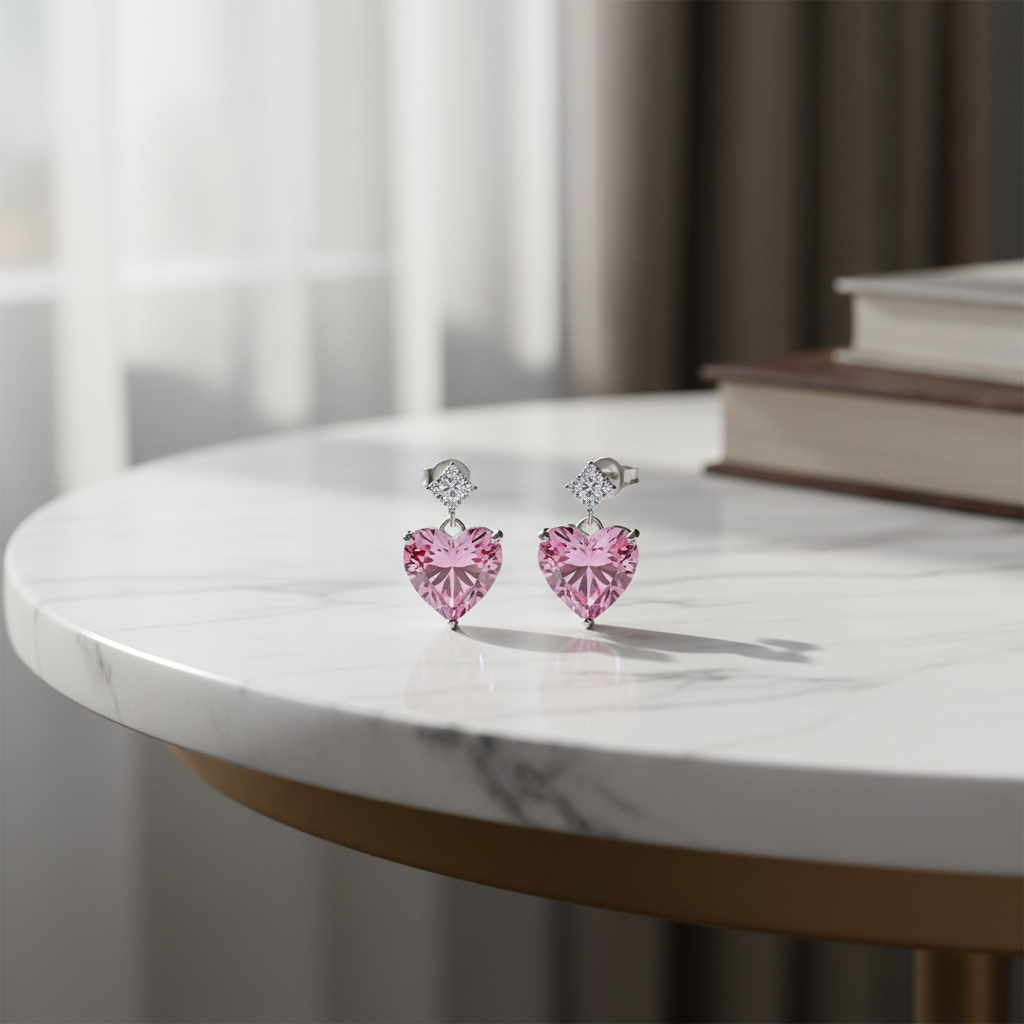 Pink Heart Earrings on Marble Table