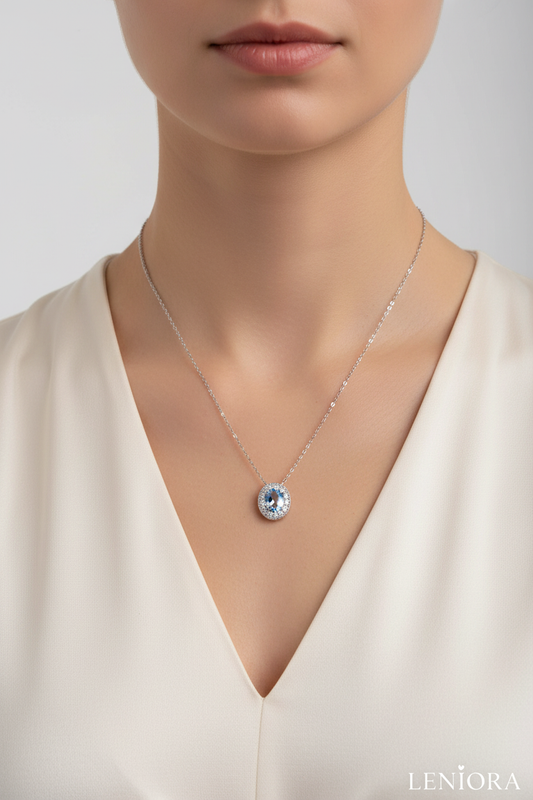 Woman wearing Blue Topaz Necklace