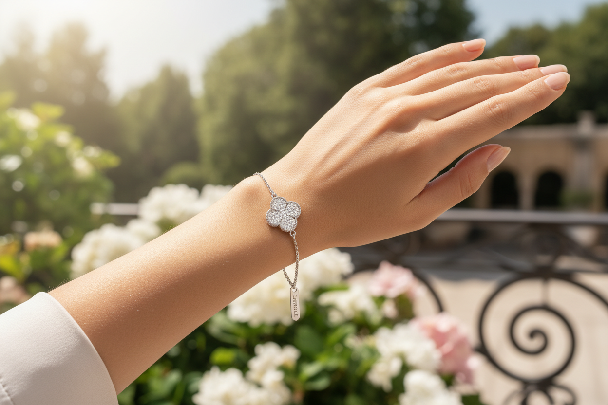 Woman Wearing Silver Clover Bracelet