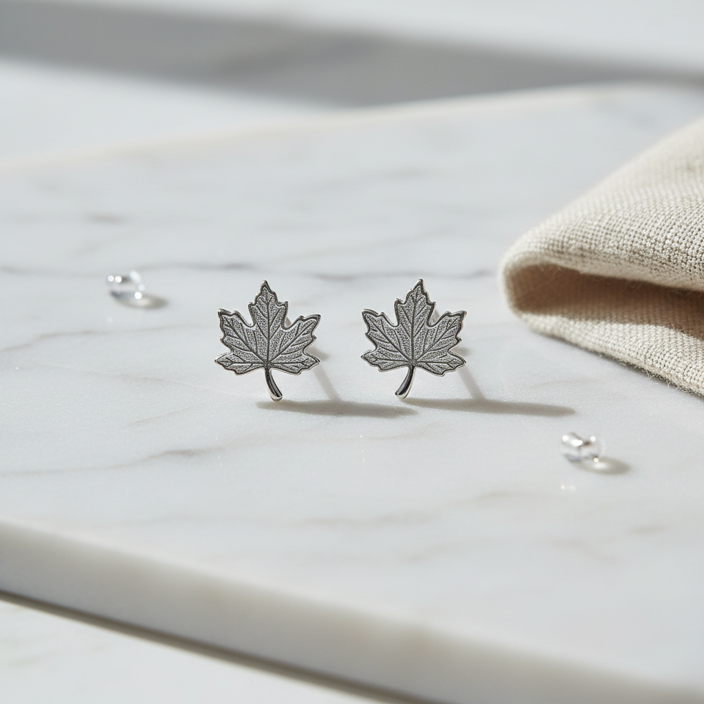 925 Sterling Silver Maple Leaf Stud Earrings - Flat Lay