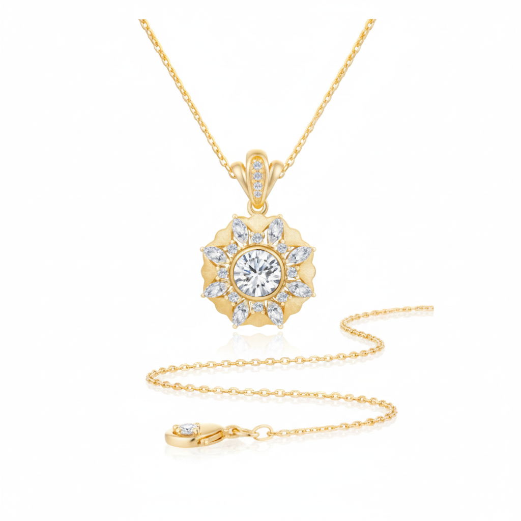 Gold floral halo CZ necklace on white background