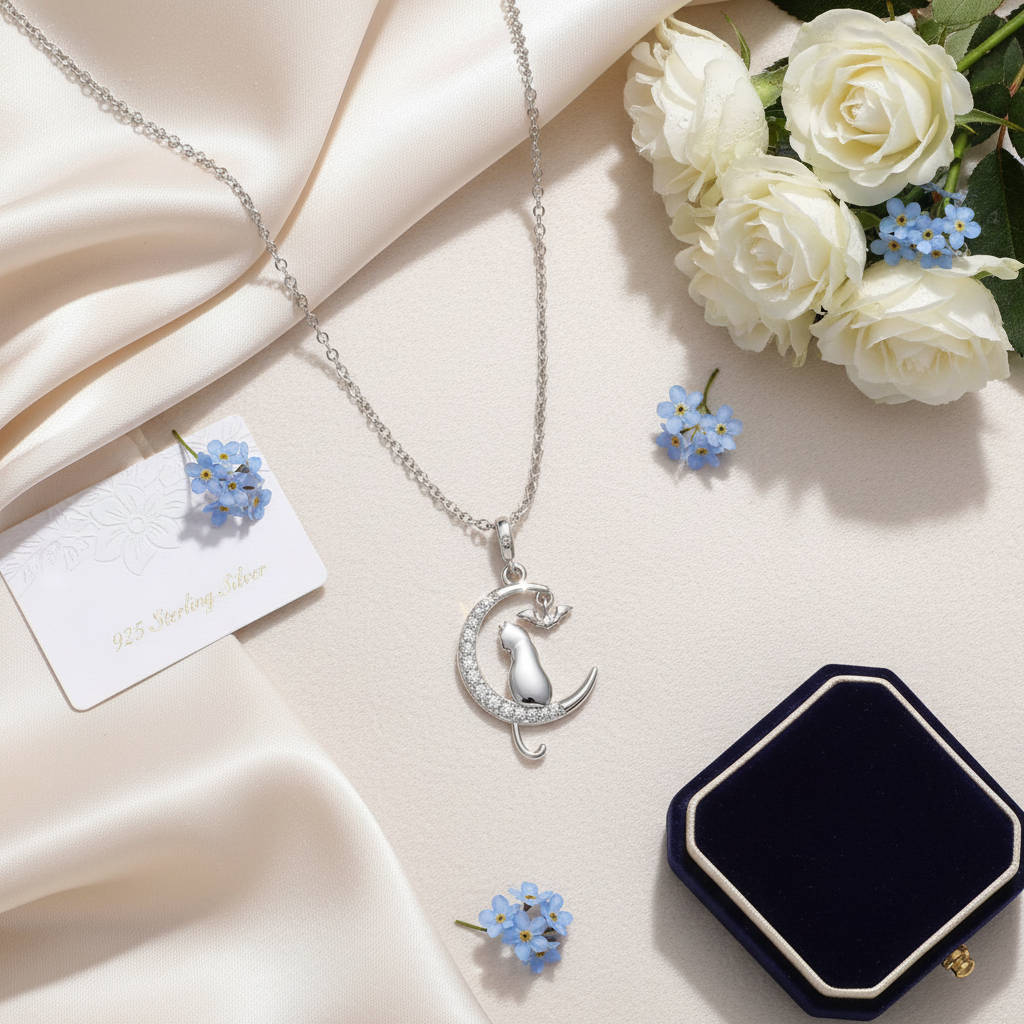 Lifestyle styling of 925 Sterling Silver Cat & Moon Necklace