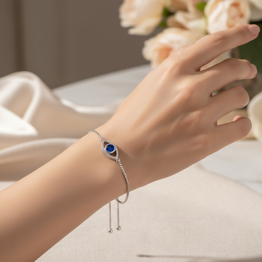 925 Sterling Silver Evil Eye Bracelet - Blue