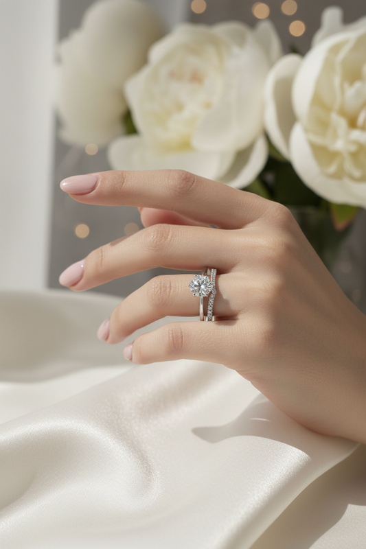 Woman Wearing Moissanite Bridal Set