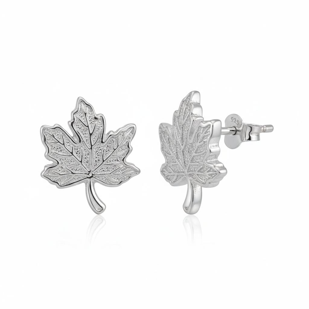 925 Sterling Silver Maple Leaf Stud Earrings - White Background