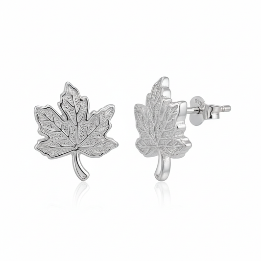 925 Sterling Silver Maple Leaf Stud Earrings - White Background
