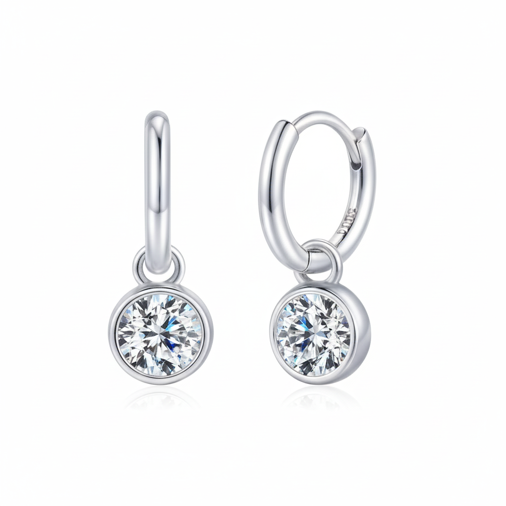 Silver Hoop Drop Moissanite Earrings - White Background