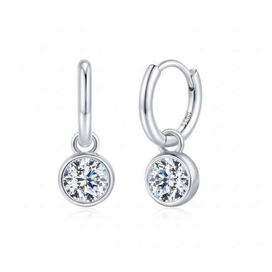 Silver Hoop Drop Moissanite Earrings - White Background
