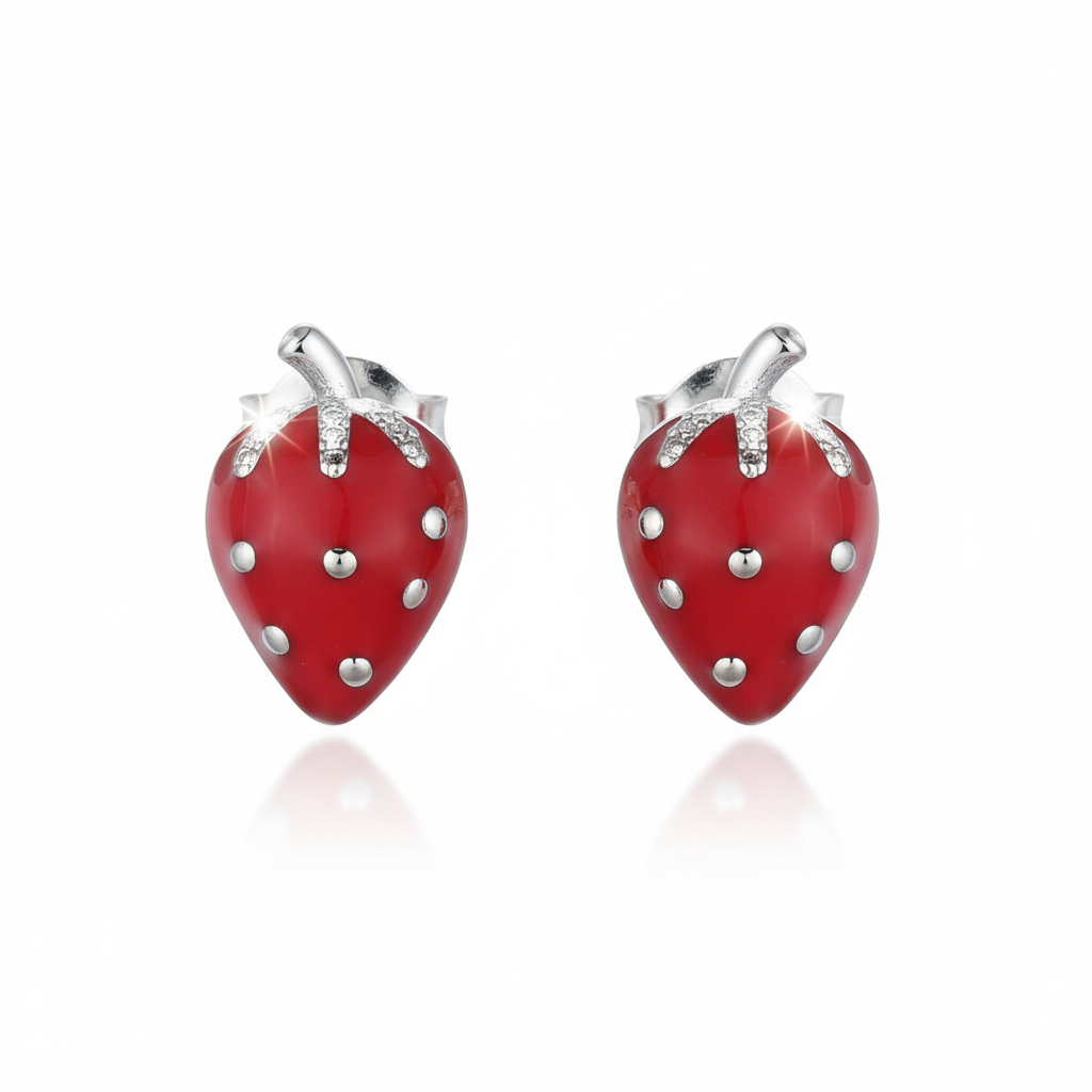 925 Sterling Silver Strawberry Stud Earrings - White Background
