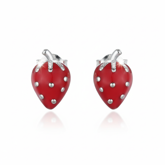 925 Sterling Silver Strawberry Stud Earrings - White Background