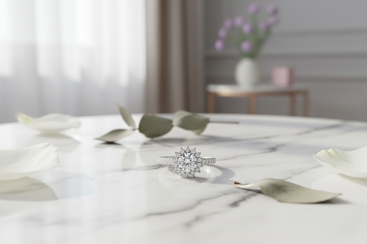 Moissanite Halo Ring on Marble Table