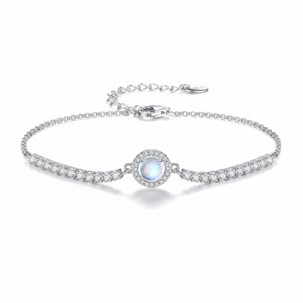 925 Sterling Silver Round Moonstone Bracelet with Cubic Zirconia