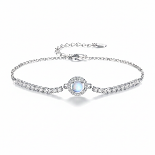 925 Sterling Silver Round Moonstone Bracelet with Cubic Zirconia