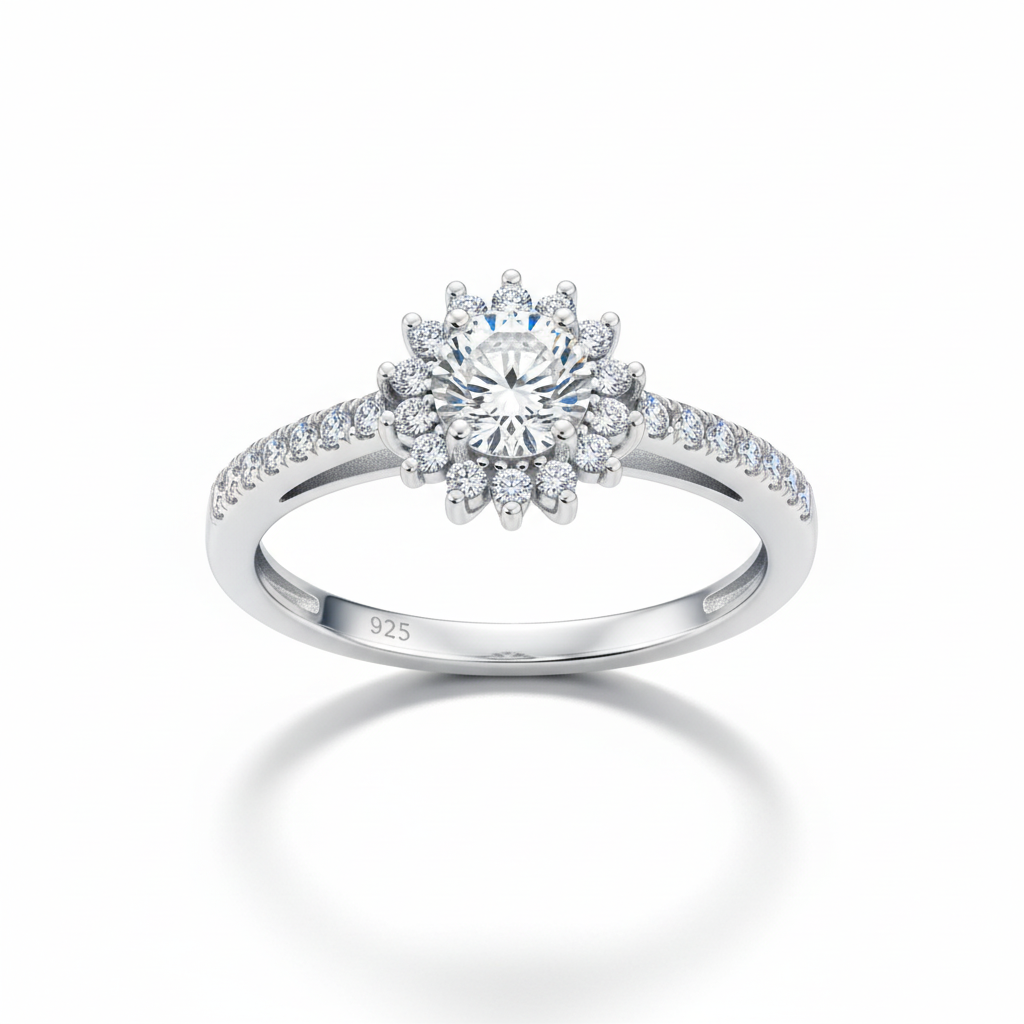 Moissanite Halo Ring White Background