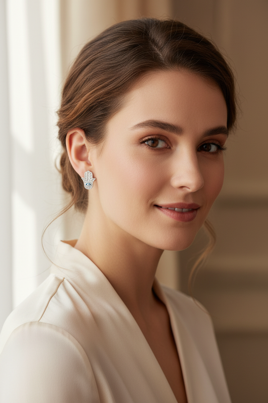 Woman Wearing 925 Sterling Silver Hamsa & Evil Eye Stud Earrings