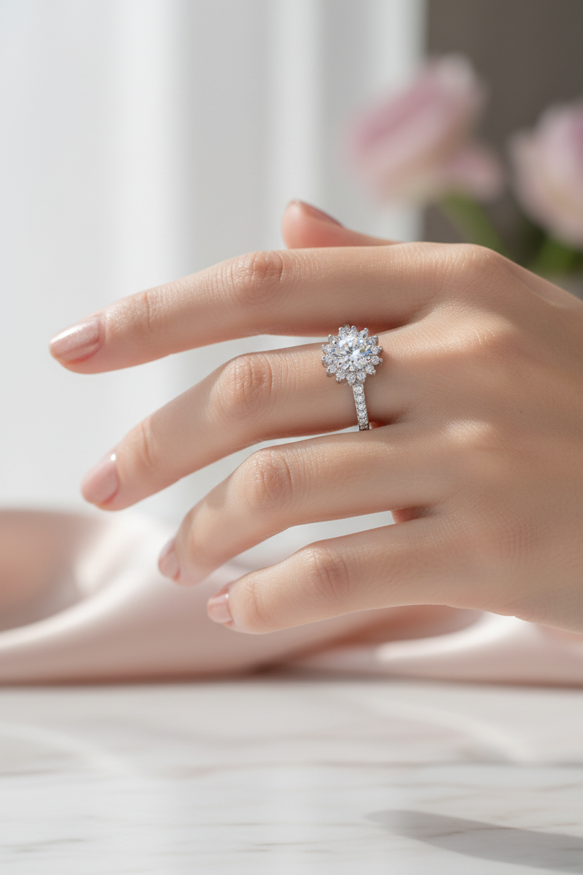 Woman Wearing Moissanite Halo Ring
