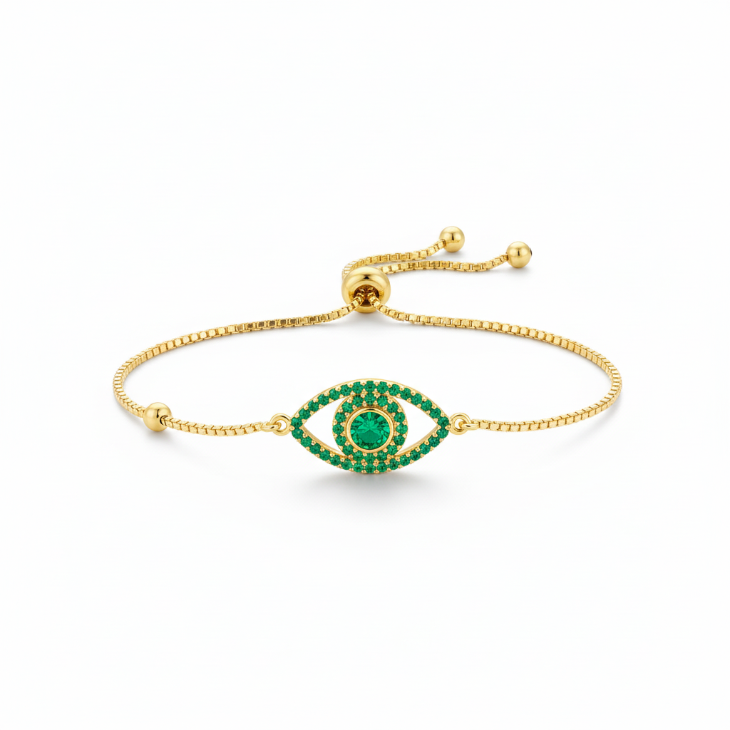 Gold-Plated 925 Sterling Silver Evil Eye Bracelet - Green