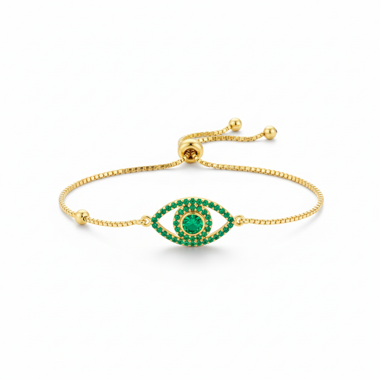 Gold-Plated 925 Sterling Silver Evil Eye Bracelet - Green