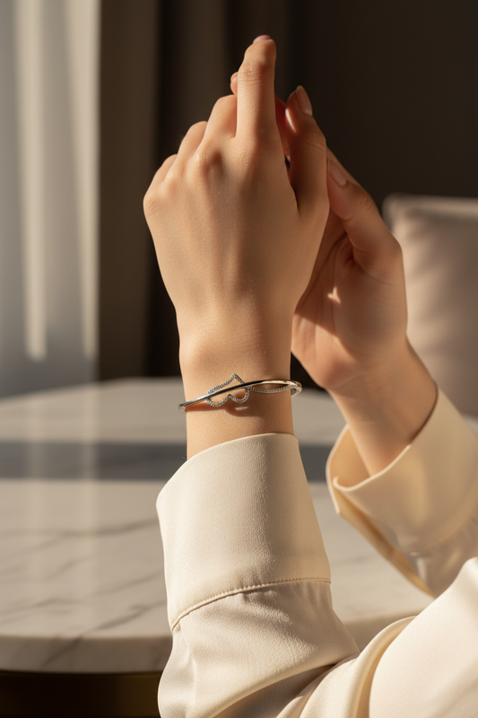 Woman Wearing 925 Sterling Silver Heart Crystal Bracelet