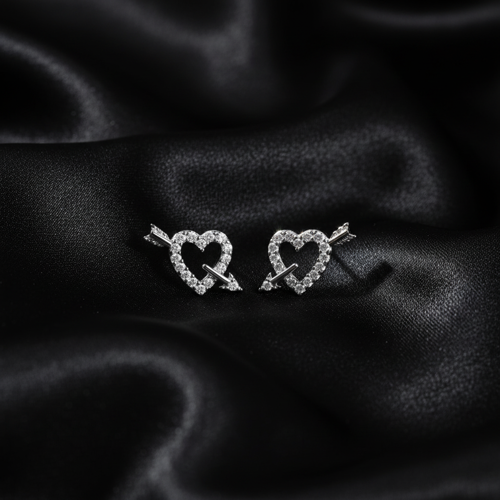 Heart & Arrow CZ Stud Earrings - Black Satin