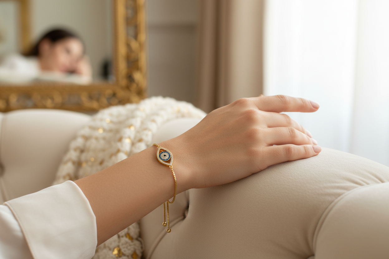 Woman Wearing Gold Evil Eye Bracelet