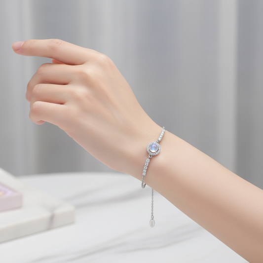 925 Sterling Silver Round Moonstone Bracelet with Cubic Zirconia